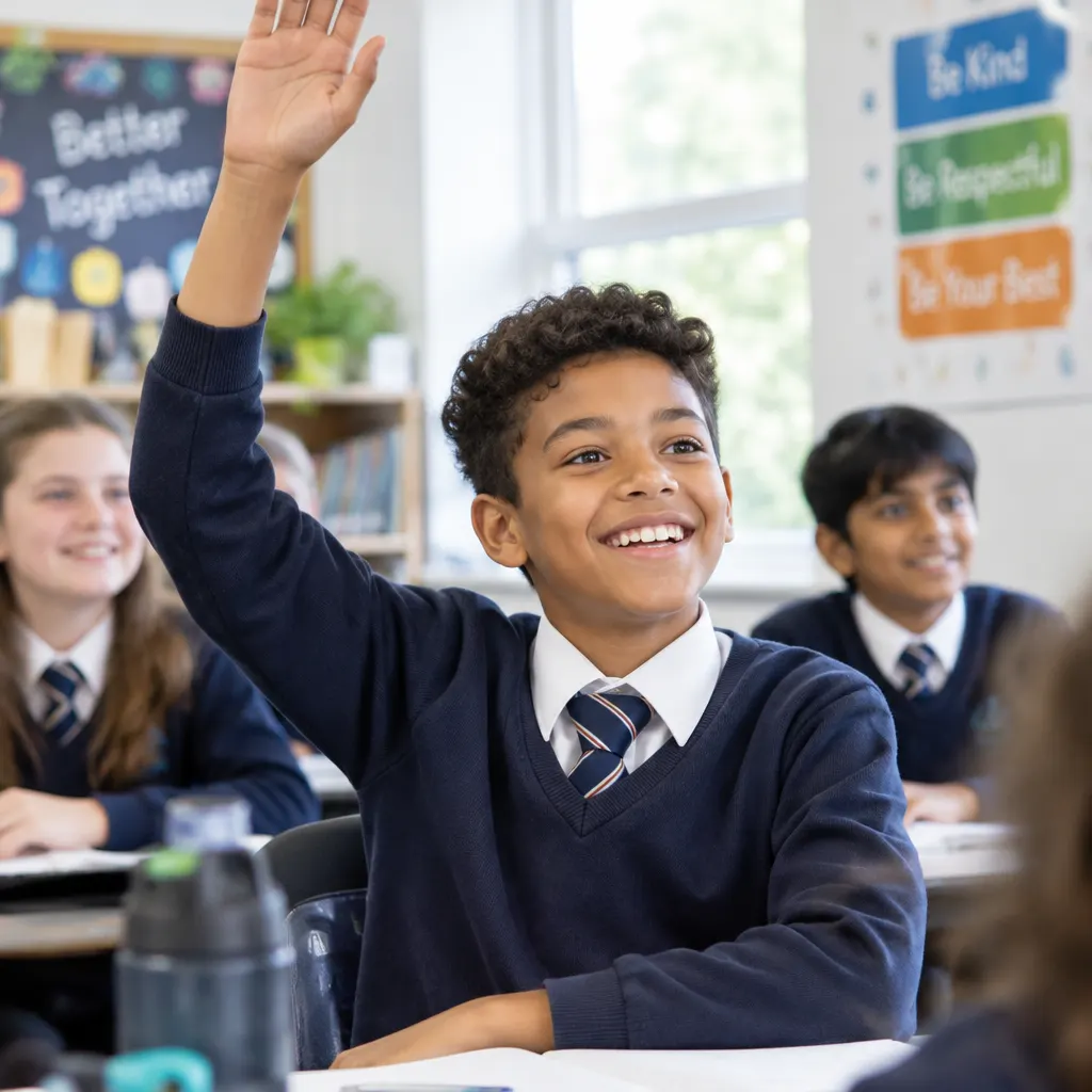 A smiling Year 6 boy raising his hand confidently in class