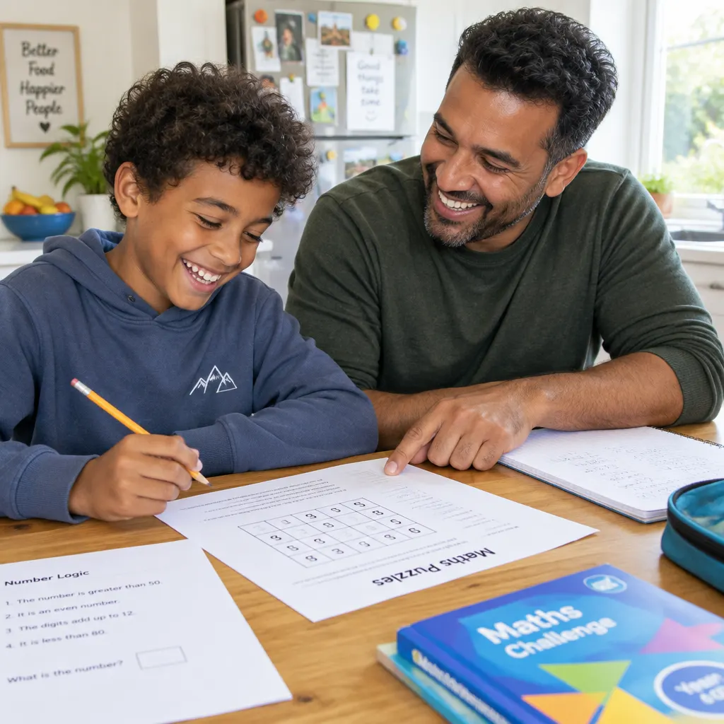 A father and his eleven-year-old son grinning over a maths puzzle at the kitchen table